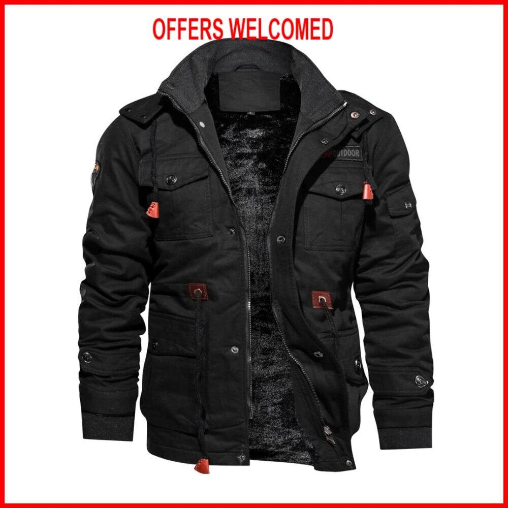 Men's Fleece Lined Military Jacket with Hood and Utility Pockets
